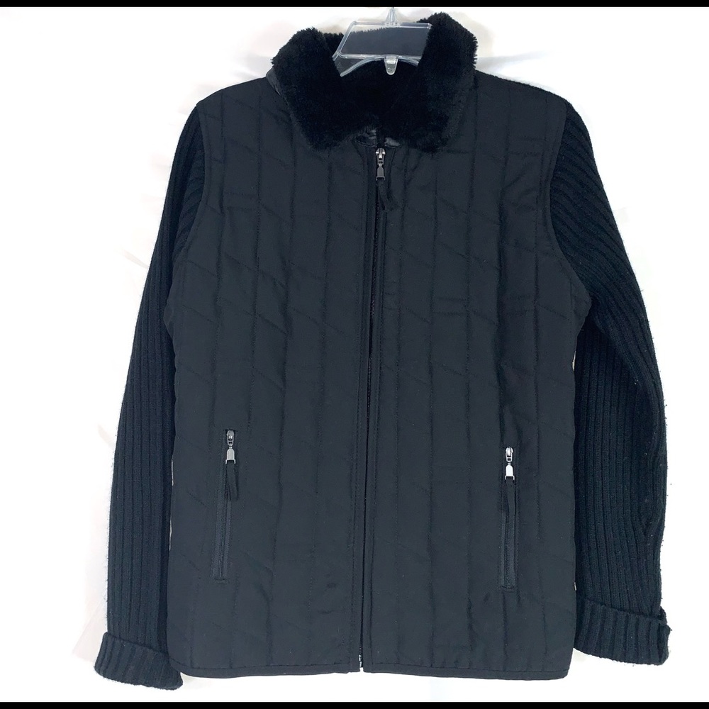 Quilted Black Full Zip Jacket Sweater Plush Collar
